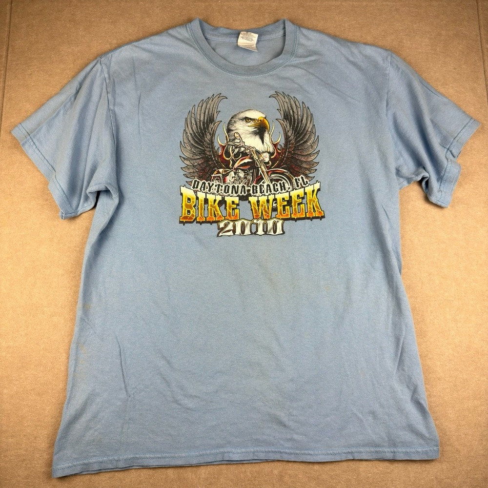 Bikers Tee M Blue Daytona Beach FL Bike Week 2010 Shirt‎ Eagle Motorcycle Gildan